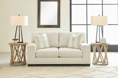 Beige Fabric Track Arm Loveseat with Reversible Cushions