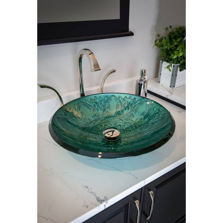 Teal Embossed Tempered Glass Circular Vessel Sink