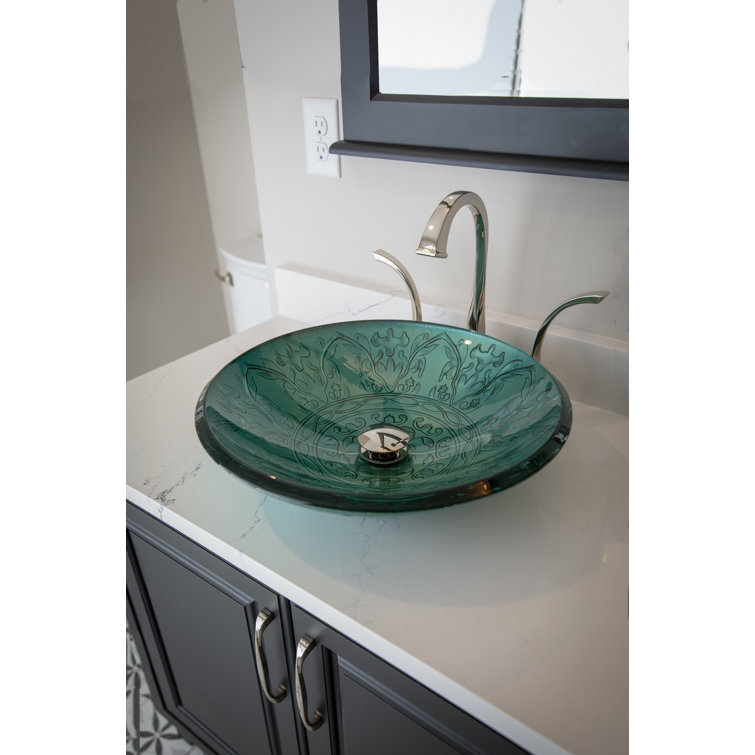 Teal Embossed Tempered Glass Circular Vessel Sink