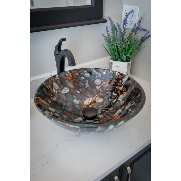 16.5'' Gray and Tan Tempered Glass Pebble Vessel Sink
