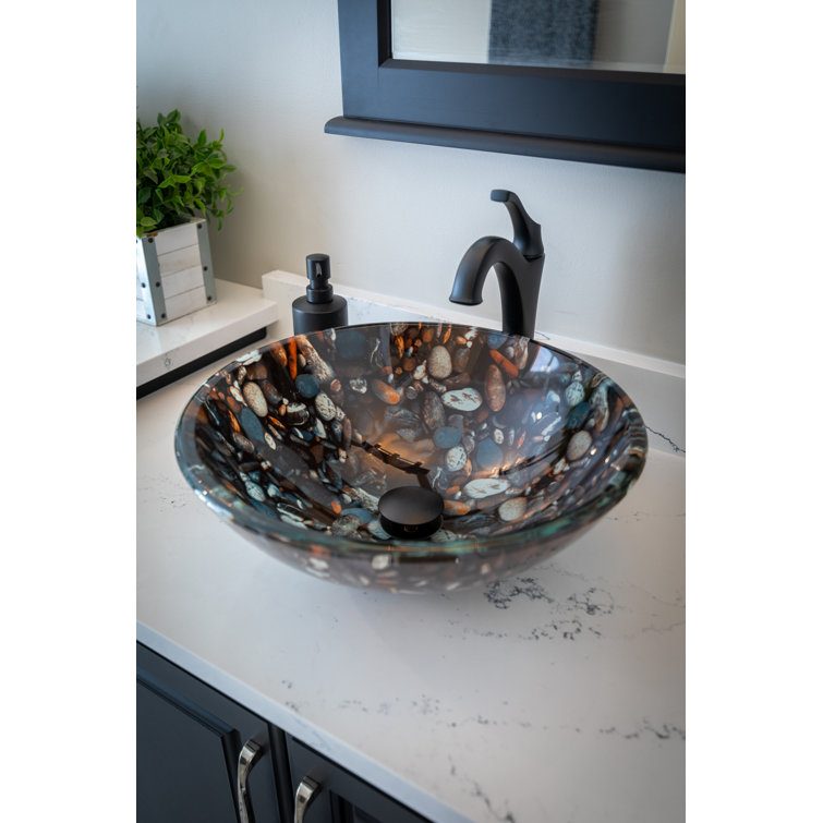 16.5'' Gray and Tan Tempered Glass Pebble Vessel Sink
