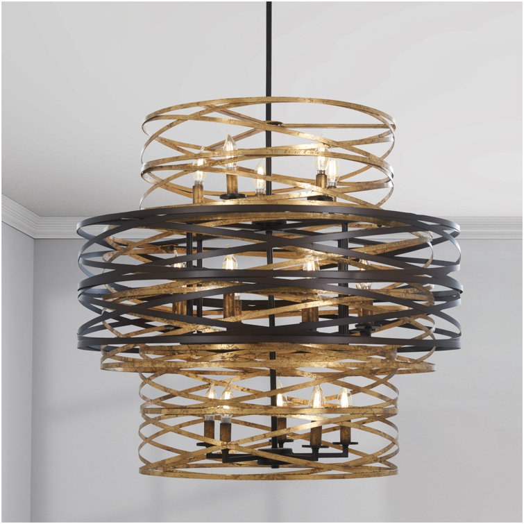 Elegant Dark Bronze and Mosaic Gold Drum Chandelier with 18 Lights
