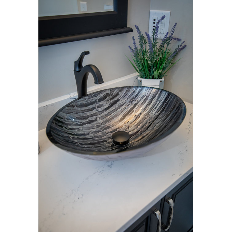 Silver and Black Textured Glass Oval Bathroom Sink