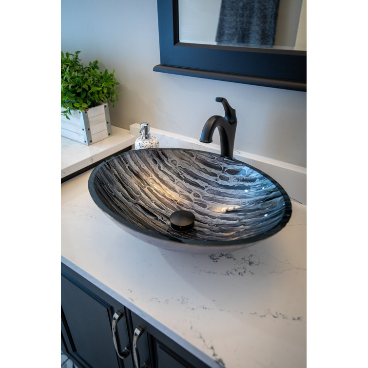 Silver and Black Textured Glass Oval Bathroom Sink