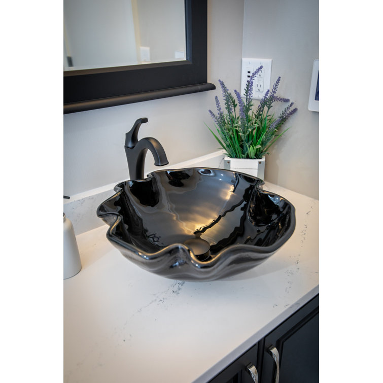 Midnight Wave 16.25'' Black Tempered Glass Vessel Sink