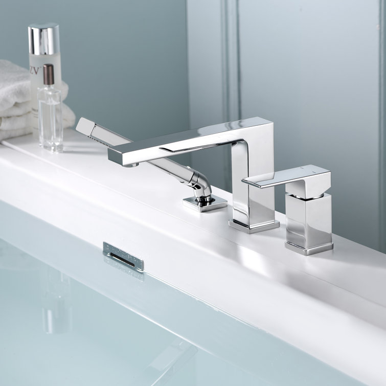 Chrome Single Handle Deck Mounted Roman Tub Faucet with Hand Shower