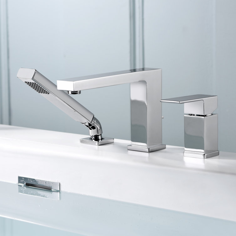 Chrome Single Handle Deck Mounted Roman Tub Faucet with Hand Shower