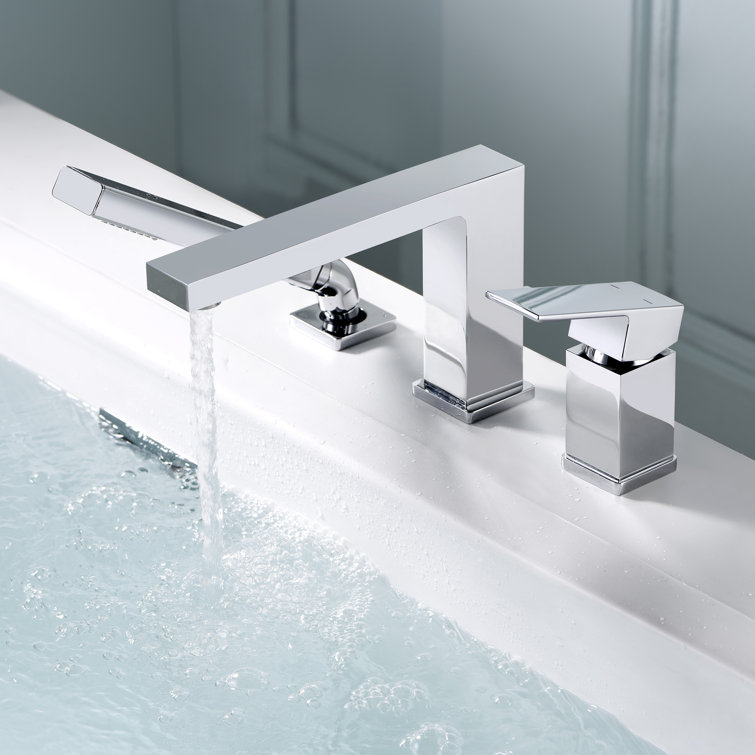 Chrome Single Handle Deck Mounted Roman Tub Faucet with Hand Shower