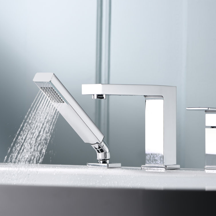 Chrome Single Handle Deck Mounted Roman Tub Faucet with Hand Shower