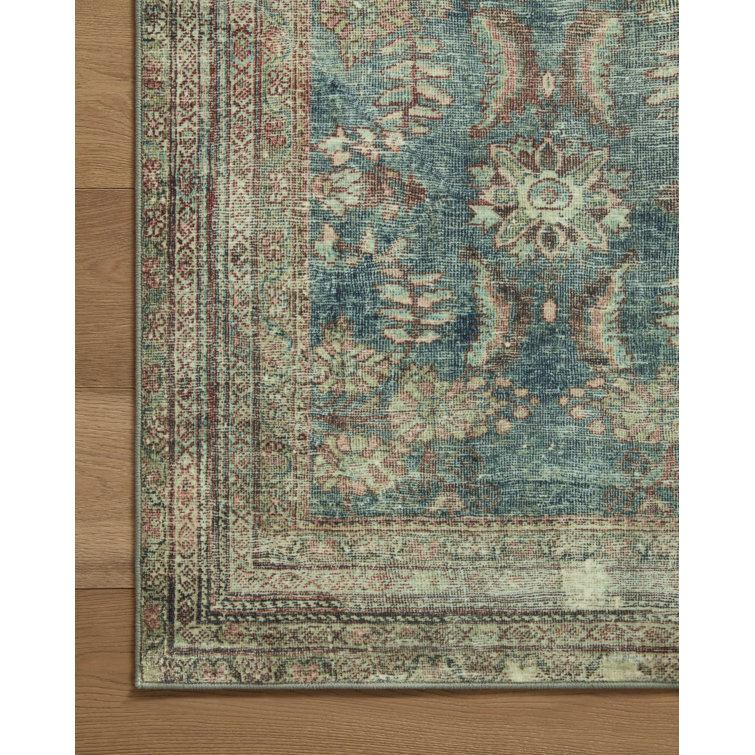 Ocean Blue Rectangular Washable Synthetic Area Rug 5' x 7'