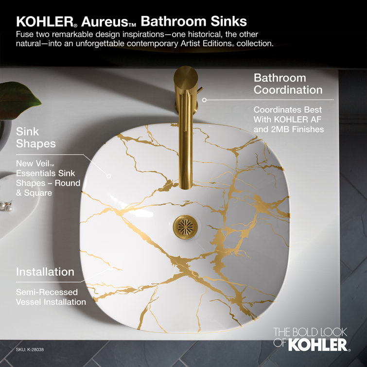 Aureus White and Gold Ceramic Semi-Recessed Vessel Sink