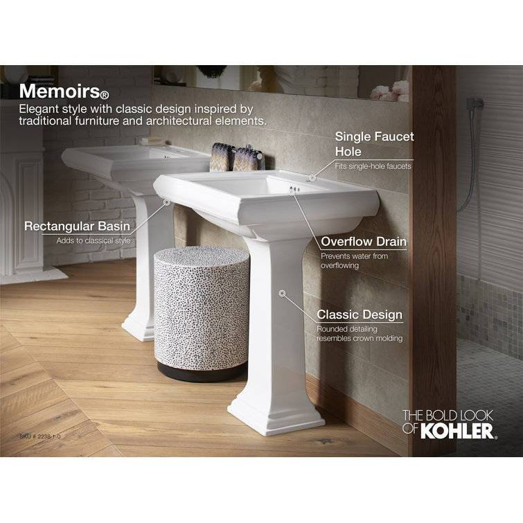 White Ceramic Pedestal Bathroom Sink with Decorative Edges