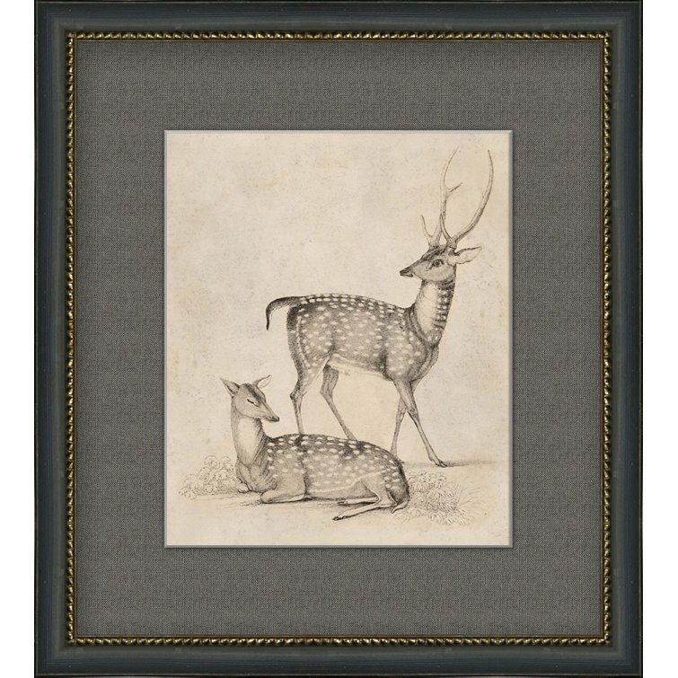 Antique Deer Hand-Embellished Art in Distressed Black and Gold Frame
