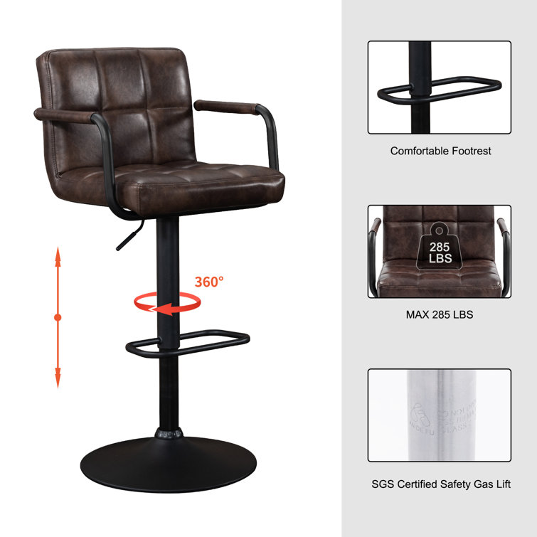 Adjustable Black Brown Faux Leather Swivel Bar Stools with Pedestal Base