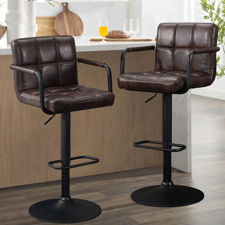 Adjustable Black Brown Faux Leather Swivel Bar Stools with Pedestal Base