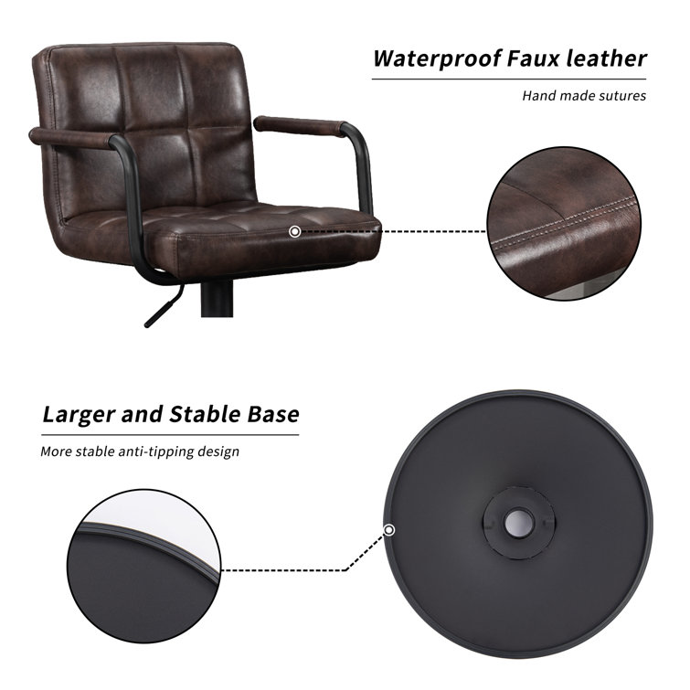 Adjustable Black Brown Faux Leather Swivel Bar Stools with Pedestal Base
