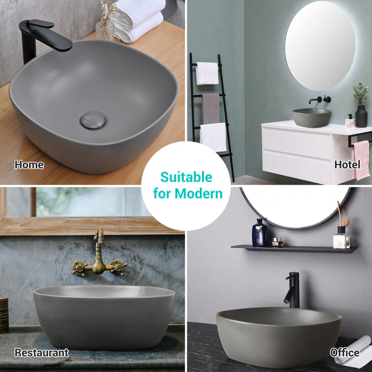 Aquaterior 16" Gray Ceramic Circular Vessel Bathroom Sink