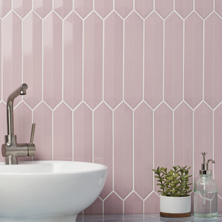 Pink Elongated Hexagonal Ceramic Wall Tile, 3x13 inches