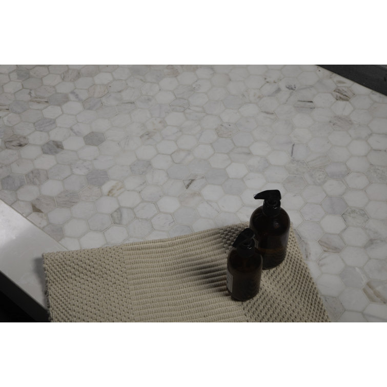 60-Inch Off-White Hexagon Pre-Tiled Shower Base with Left Drain