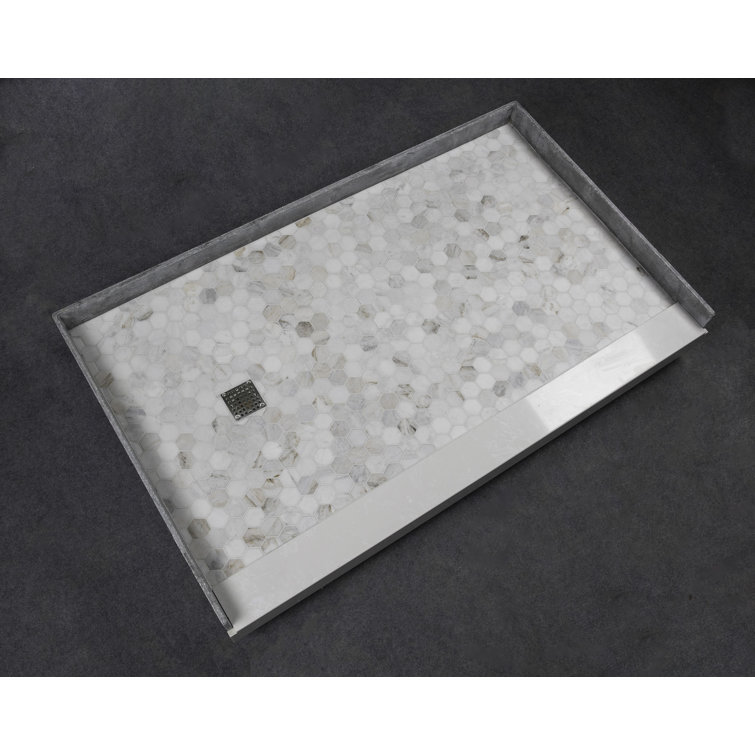60-Inch Off-White Hexagon Pre-Tiled Shower Base with Left Drain