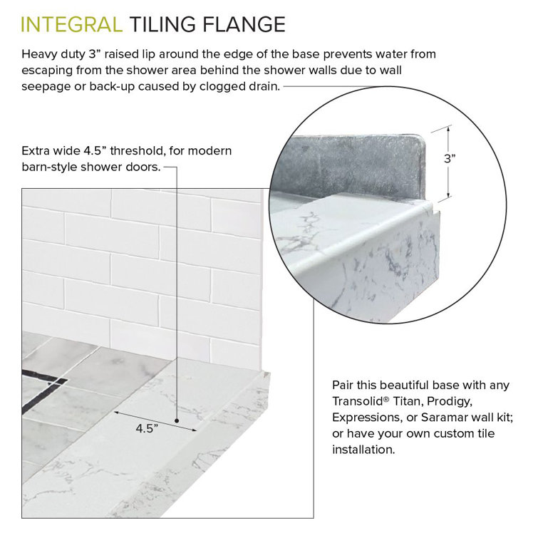 60'' White Pre-Tiled Rectangular Shower Base with Center Drain