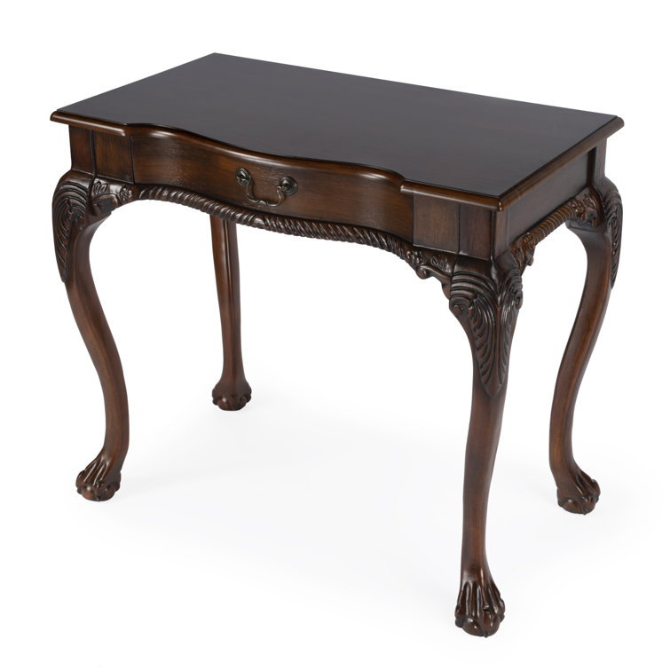 Cherry Brown Wood Writing Desk with Drawer and Carved Details