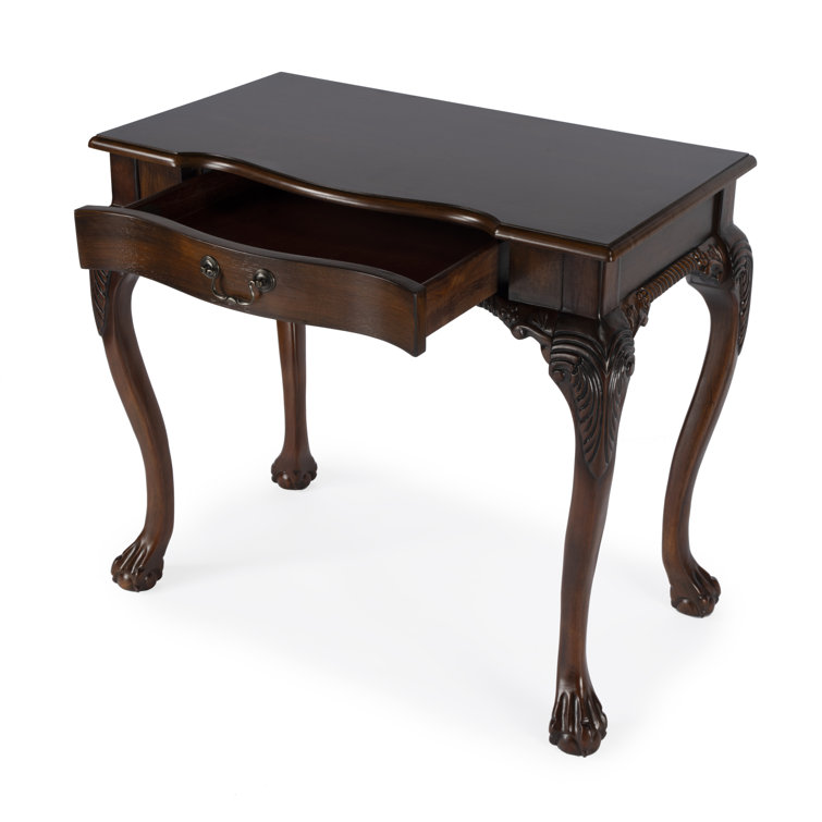 Cherry Brown Wood Writing Desk with Drawer and Carved Details