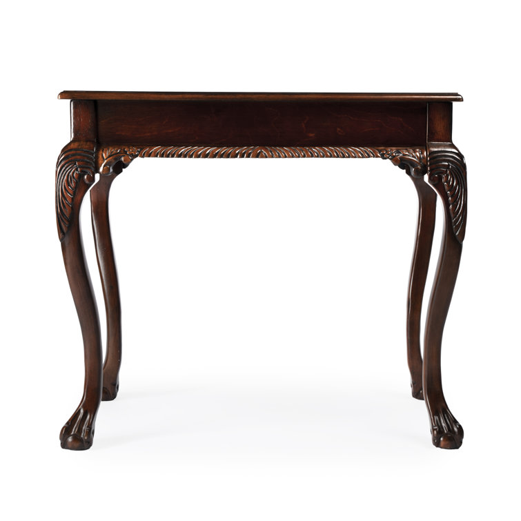 Cherry Brown Wood Writing Desk with Drawer and Carved Details