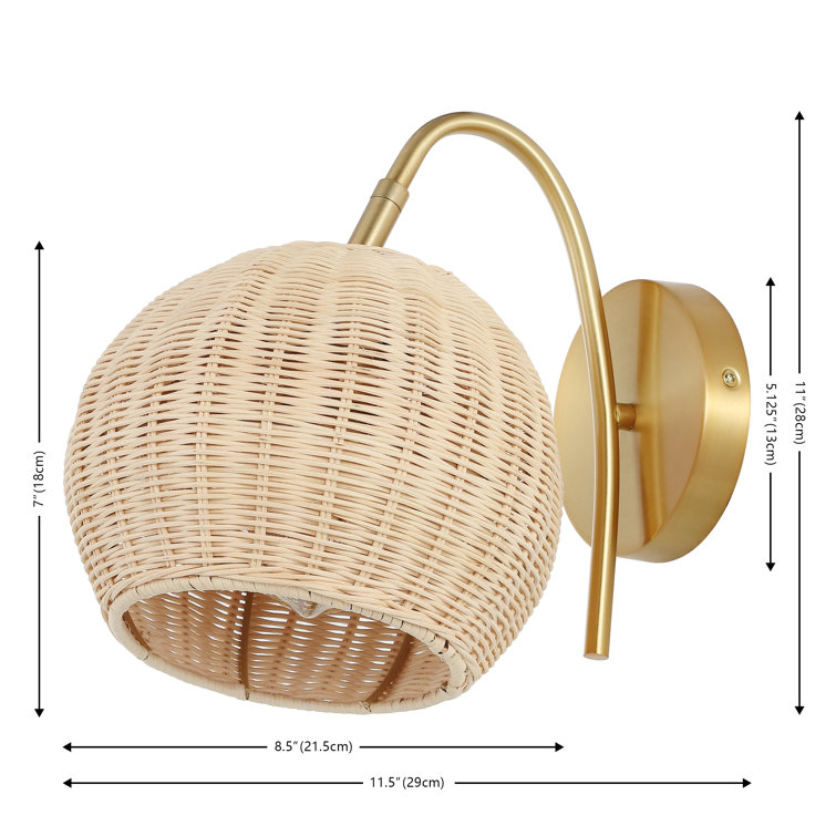 Nahum 8.5" Natural Rattan and Brass Wall Sconce Set