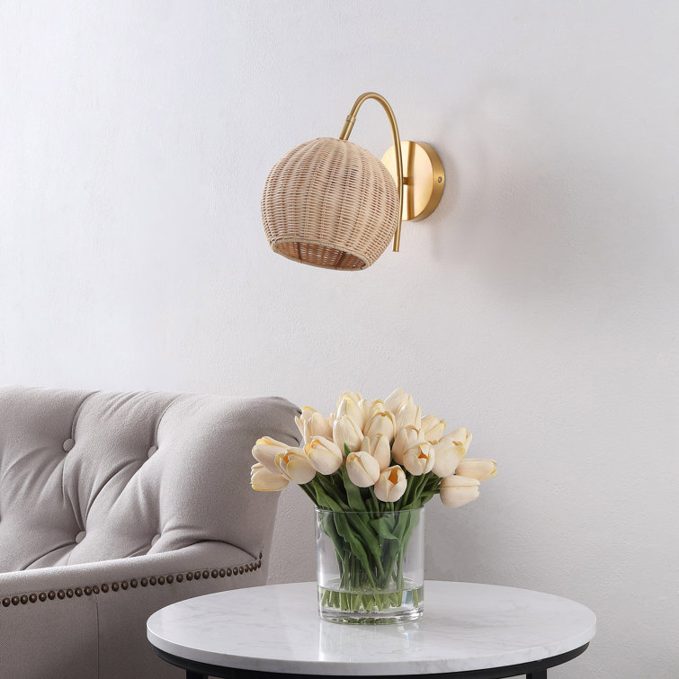 Nahum 8.5" Natural Rattan and Brass Wall Sconce Set