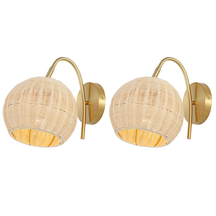 Nahum 8.5" Natural Rattan and Brass Wall Sconce Set