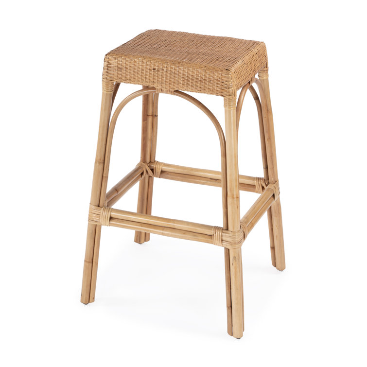 Natural Rattan and Wood Backless Bar Stool, 30" Height