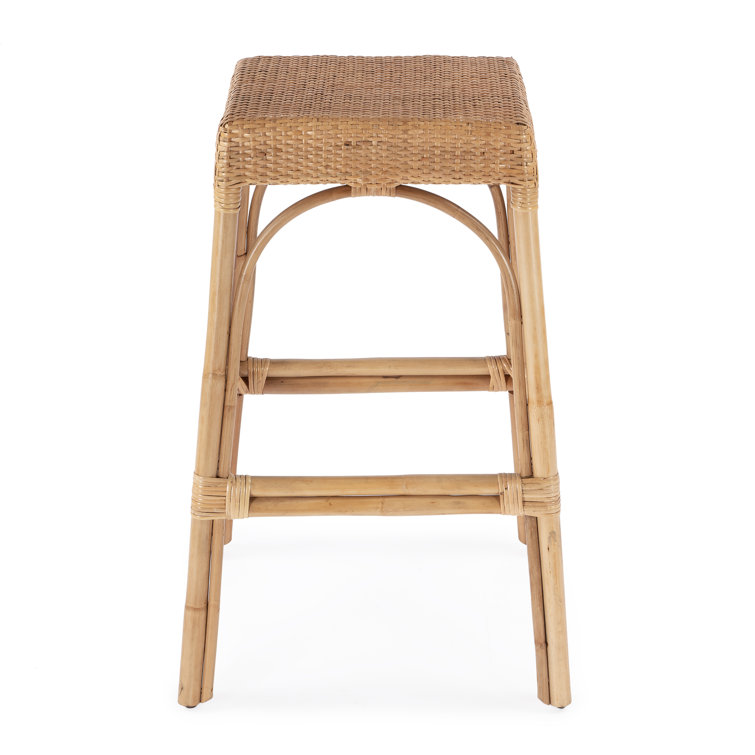 Natural Rattan and Wood Backless Bar Stool, 30" Height