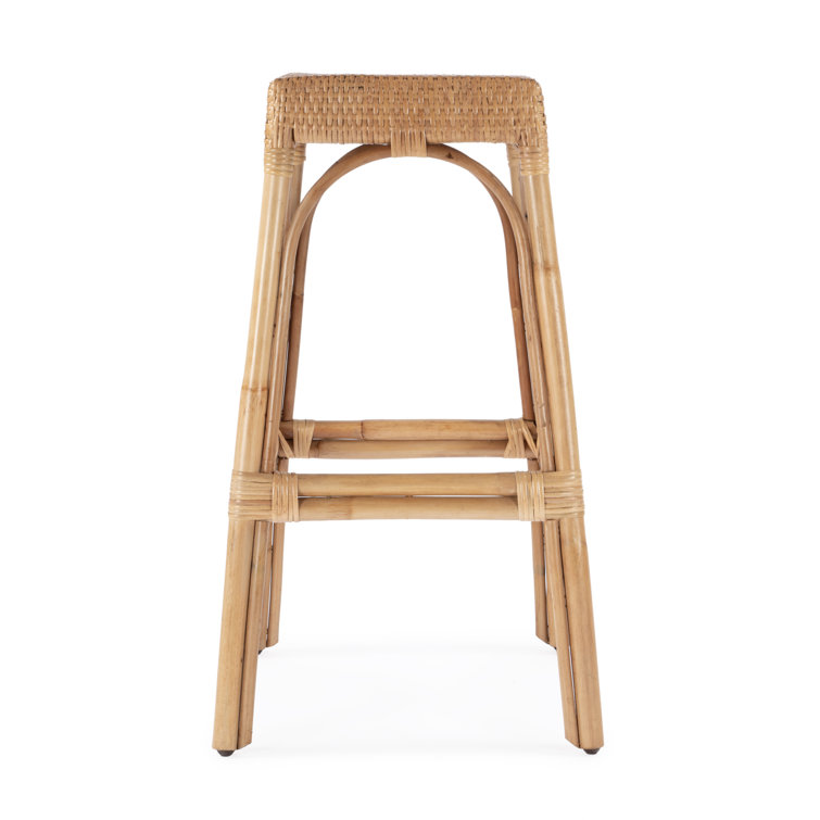 Natural Rattan and Wood Backless Bar Stool, 30" Height