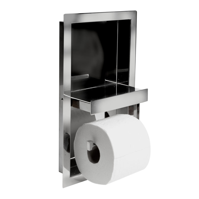 Polished Stainless Steel Recessed Toilet Paper Holder with Shelf