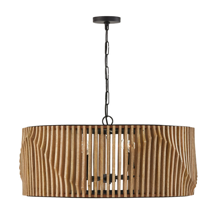 Light Wood and Matte Black 6-Light Drum Chandelier