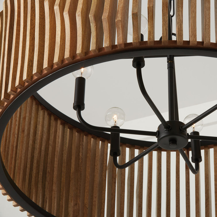 Light Wood and Matte Black 6-Light Drum Chandelier