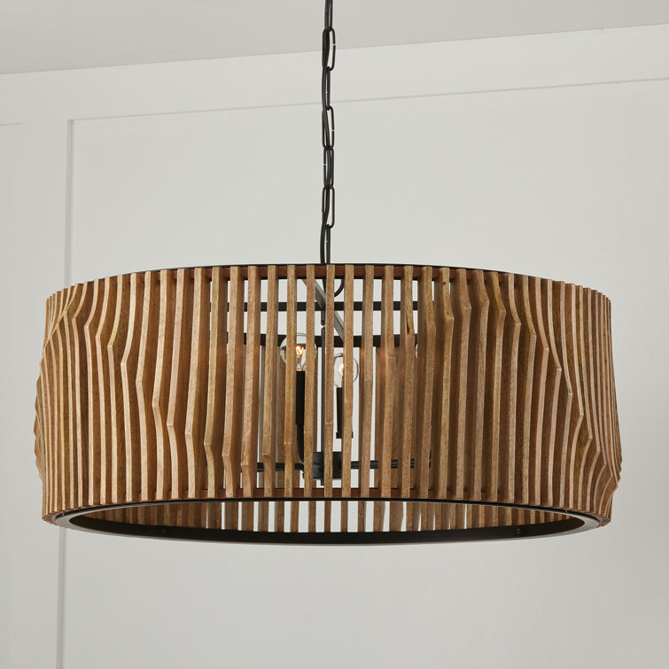 Light Wood and Matte Black 6-Light Drum Chandelier