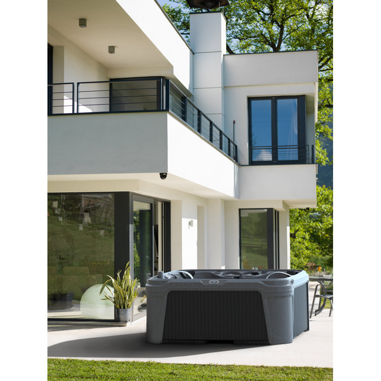 Gray Stone and Black Onyx 6-Person Square Hot Tub with LED Waterfall
