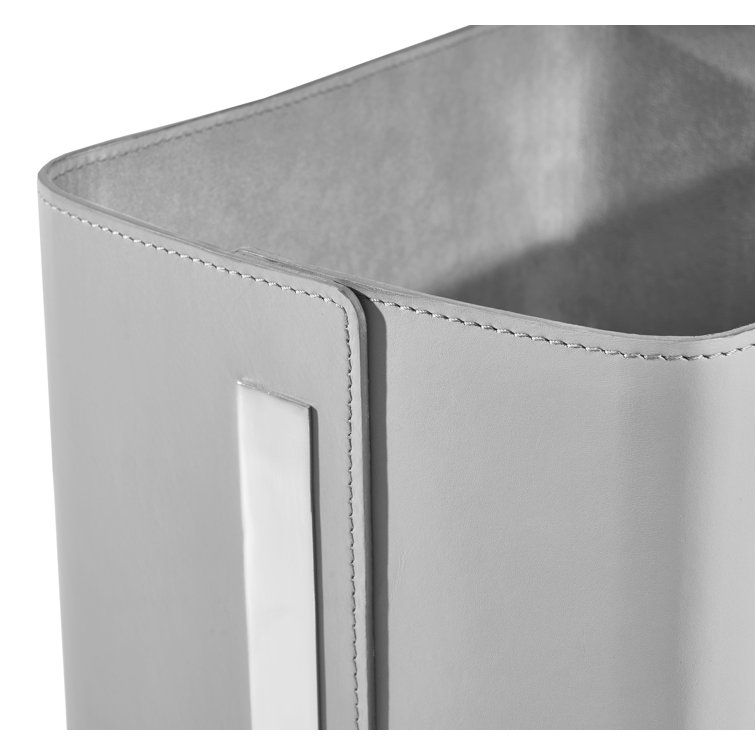 Portia Light Grey Faux Leather Storage Basket with Polished Nickel Accents