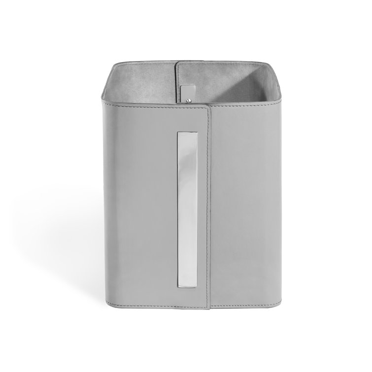 Portia Light Grey Faux Leather Storage Basket with Polished Nickel Accents