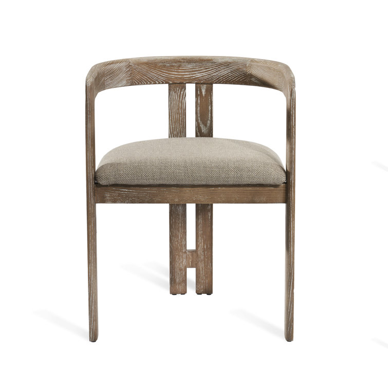 Autumn Brown Wood Upholstered Arm Chair with Flax Linen