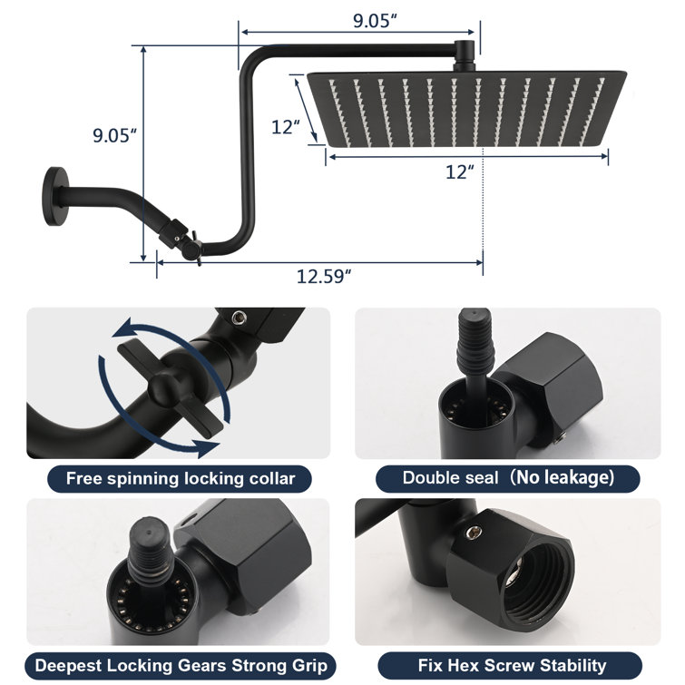 Matte Black 12" Rainfall Shower Head with Adjustable Arm
