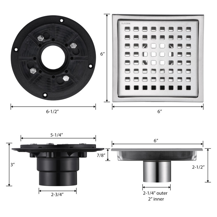 6-Inch Stainless Steel Square Shower Floor Drain