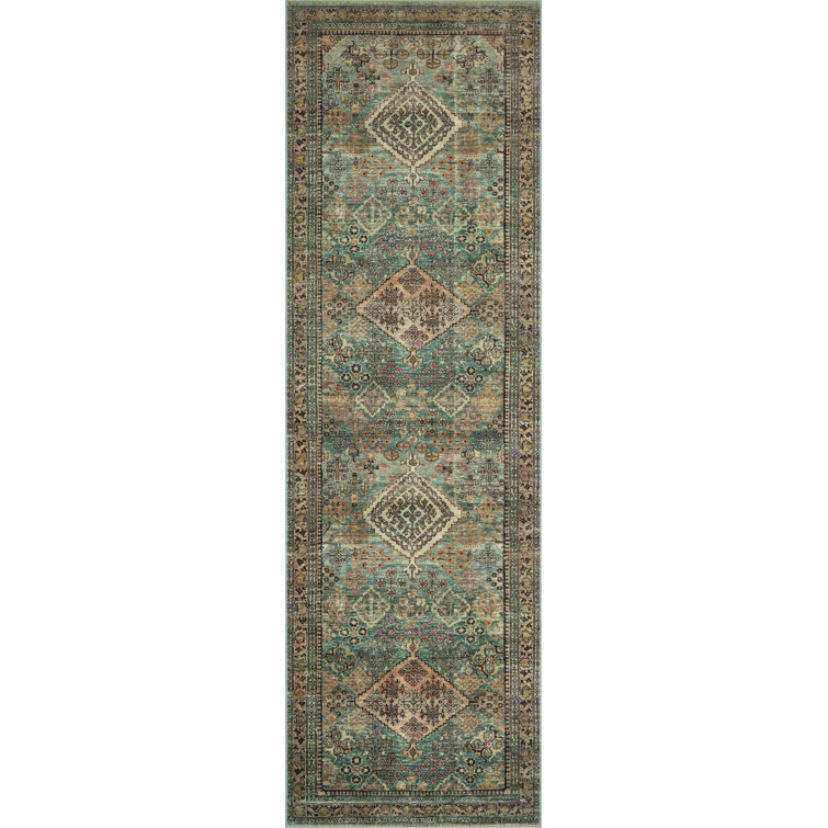 Turquoise and Multi 2' x 5' Washable Synthetic Runner Rug