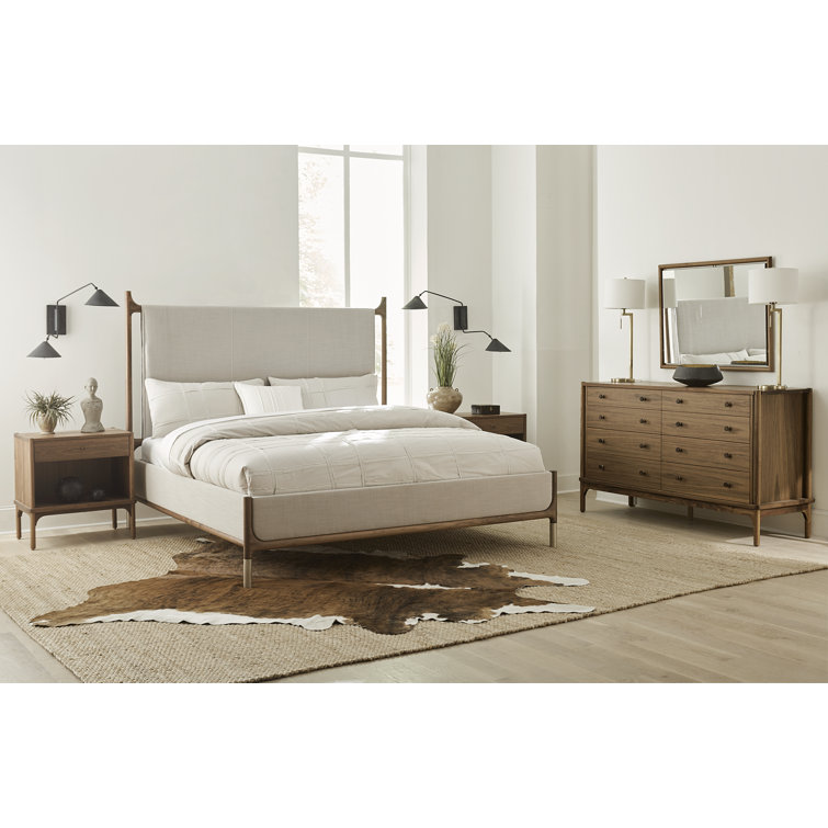 King Walnut and Beige Upholstered Wood Bed with Headboard