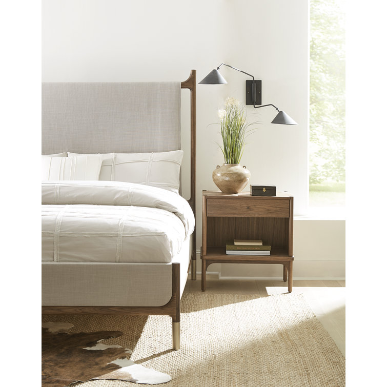 King Walnut and Beige Upholstered Wood Bed with Headboard