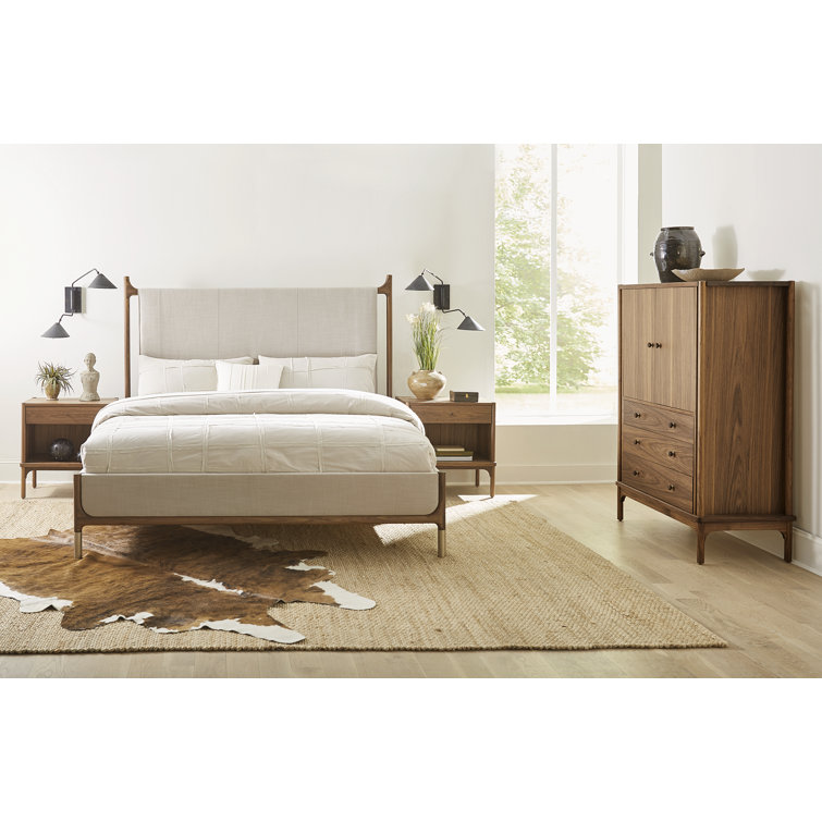King Walnut and Beige Upholstered Wood Bed with Headboard