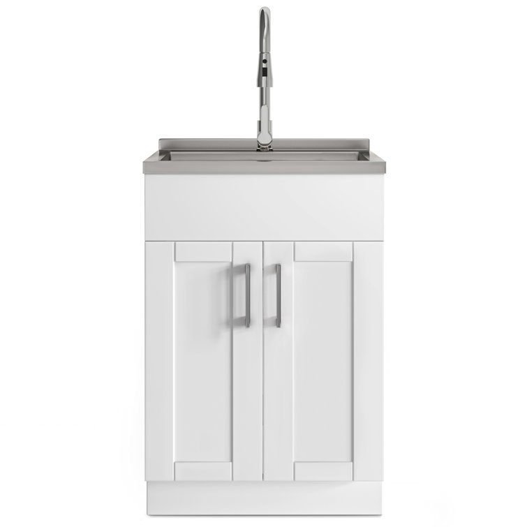 24-Inch White Shaker Utility Sink Cabinet with Stainless Steel Faucet