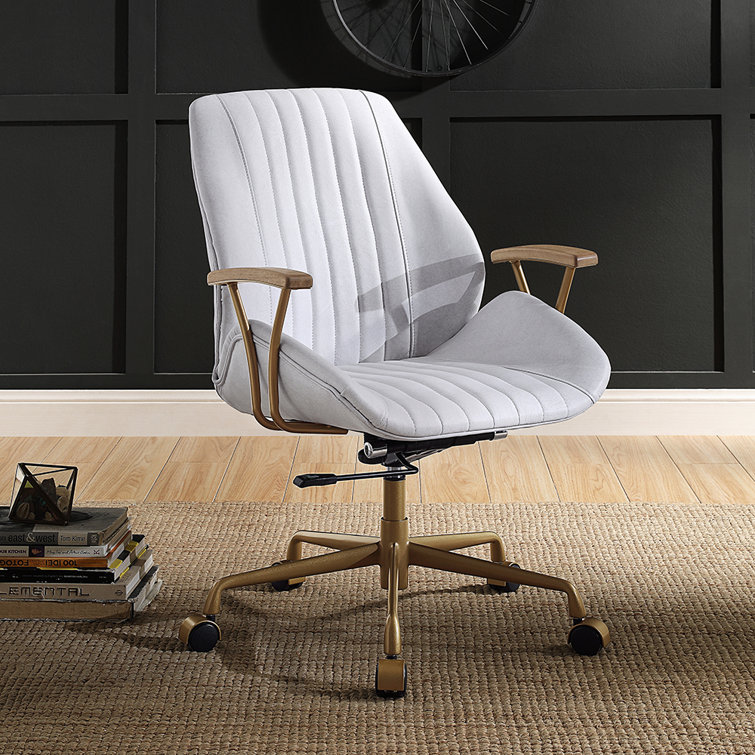 Vintage White Genuine Leather Executive Swivel Chair with Gold Metal Frame
